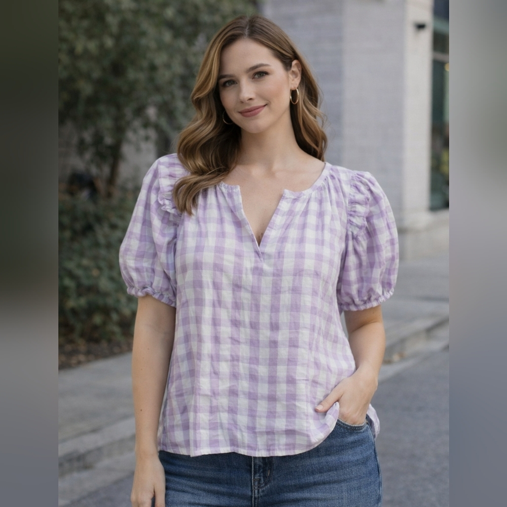 Olivaceous Women’s Puff Sleeve Gingham Blouse Top Size S Nwt